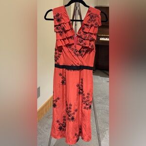 Tracy Reese Red Midi Dress with Black Floral Design